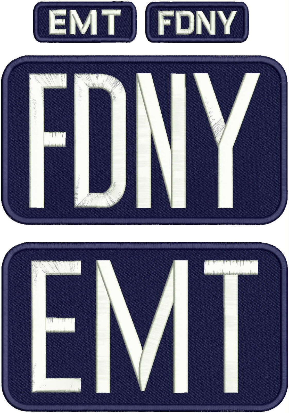 E M T And  FD N Y EMBROIDERY PATCHES 5x9 AND 1.25X3.25 VELCR@ ON BACK navy/WHITE