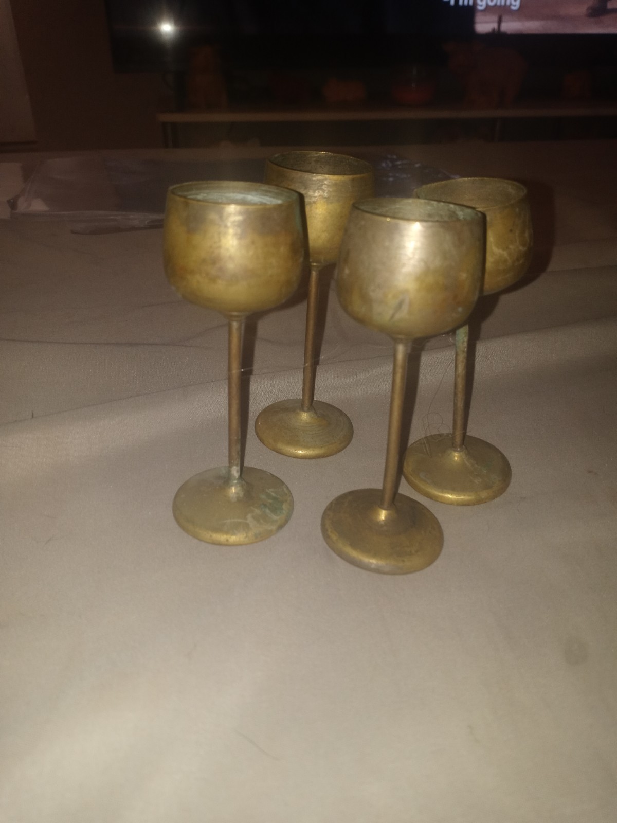 Set of 4 Gold Metal Stemmed Shot Glasses Mini Goblets, Round