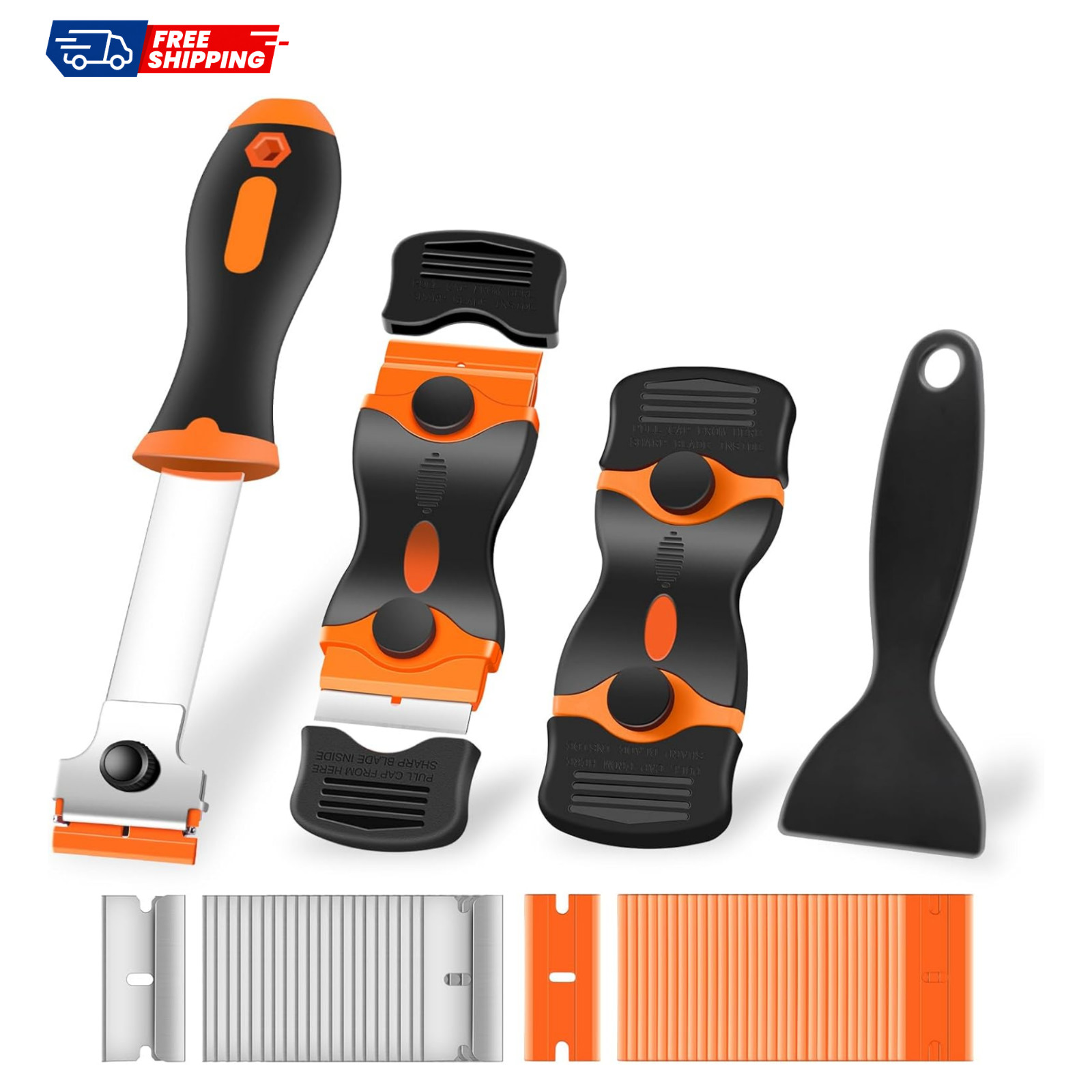 4 Pack Razor Blade Scraper, Premium Cleaning Scraper Tool with 50 PCS Metal & Pl