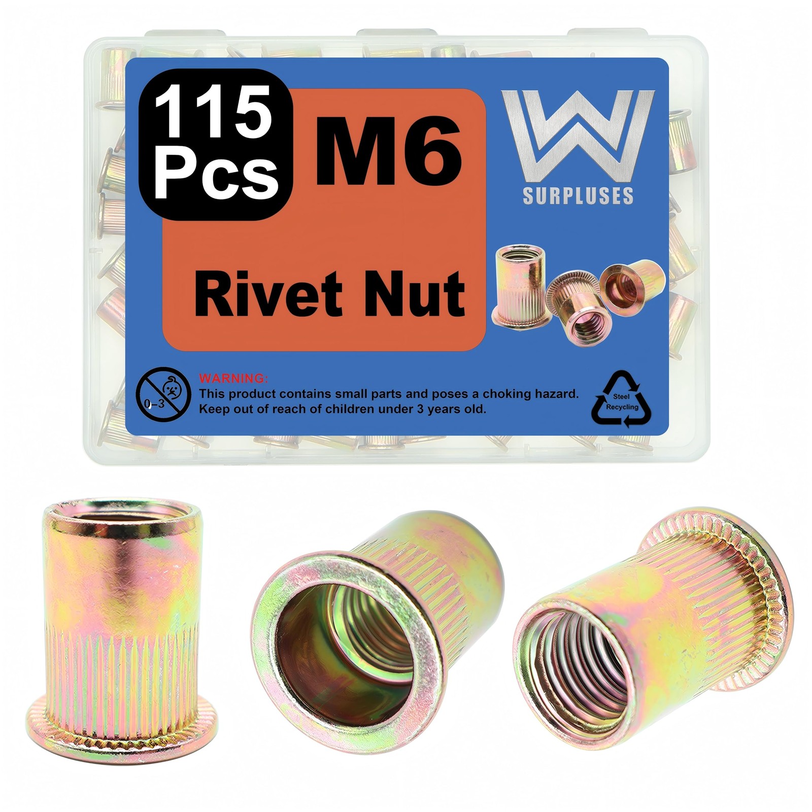 115 Pcs M61.0 Rivet Nut ZincPlated Carbon Steel Threaded Insert Fastener Kit