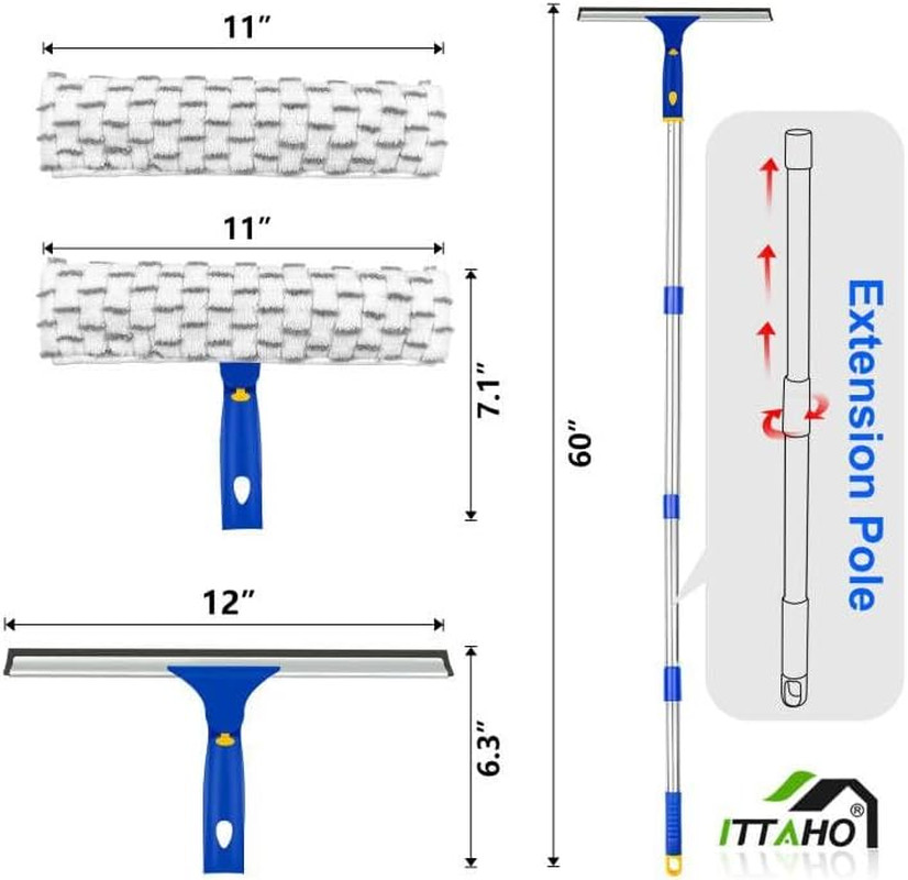 Window Squeegee with Extension Pole, Separate 12" Squeegee & 11" Microfiber Scru