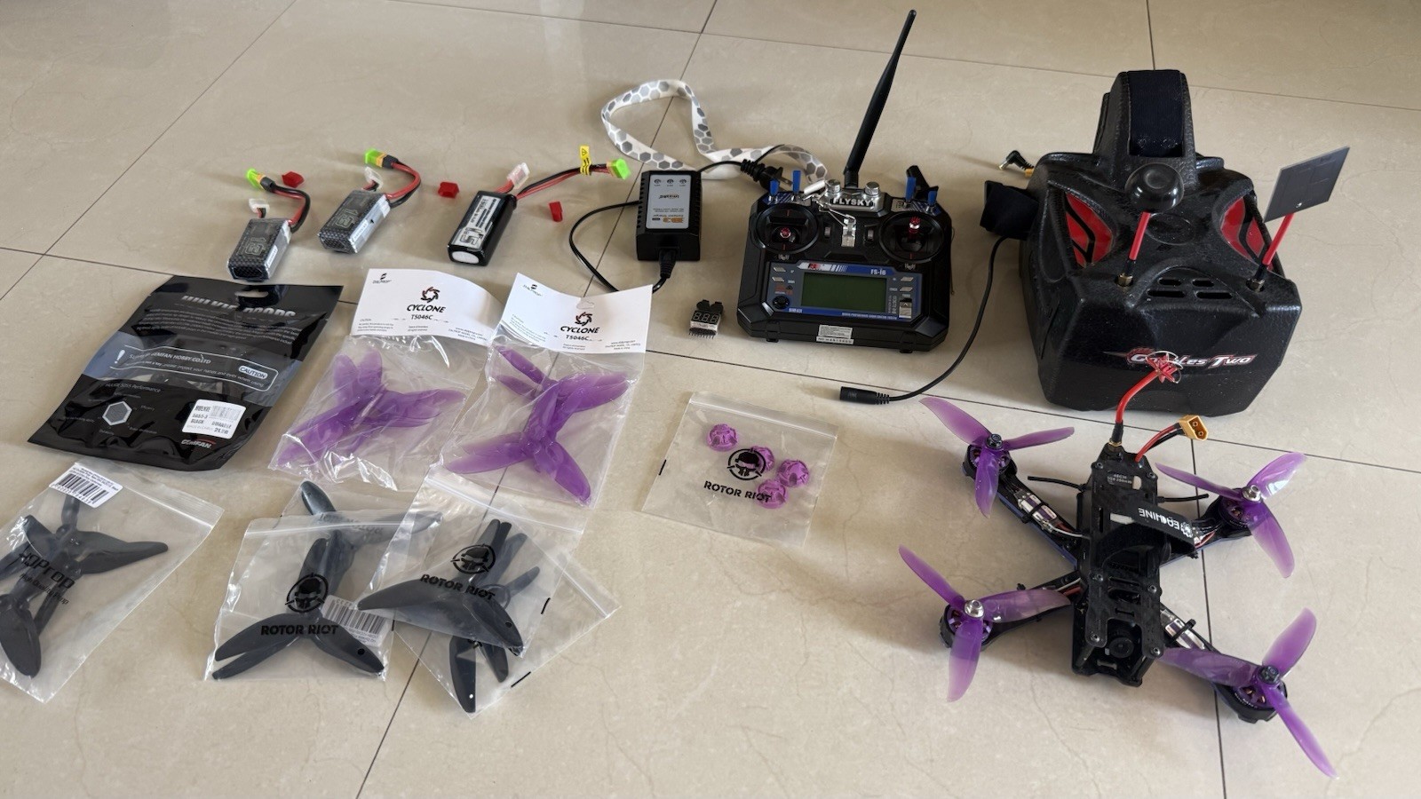 FPV Drone and Transmitter -Eachine Wizard with FlySky FS-i6, Batteries, Goggles