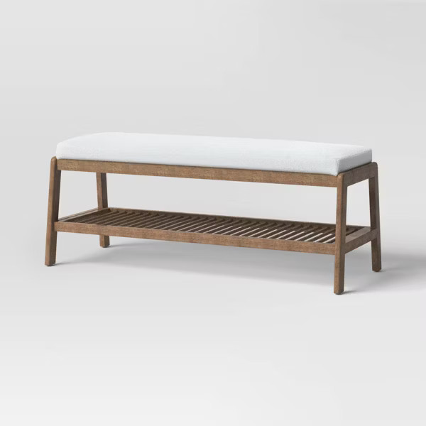 Upholstered Entry Bench with slatted Shelf Cream Boucle - Threshold