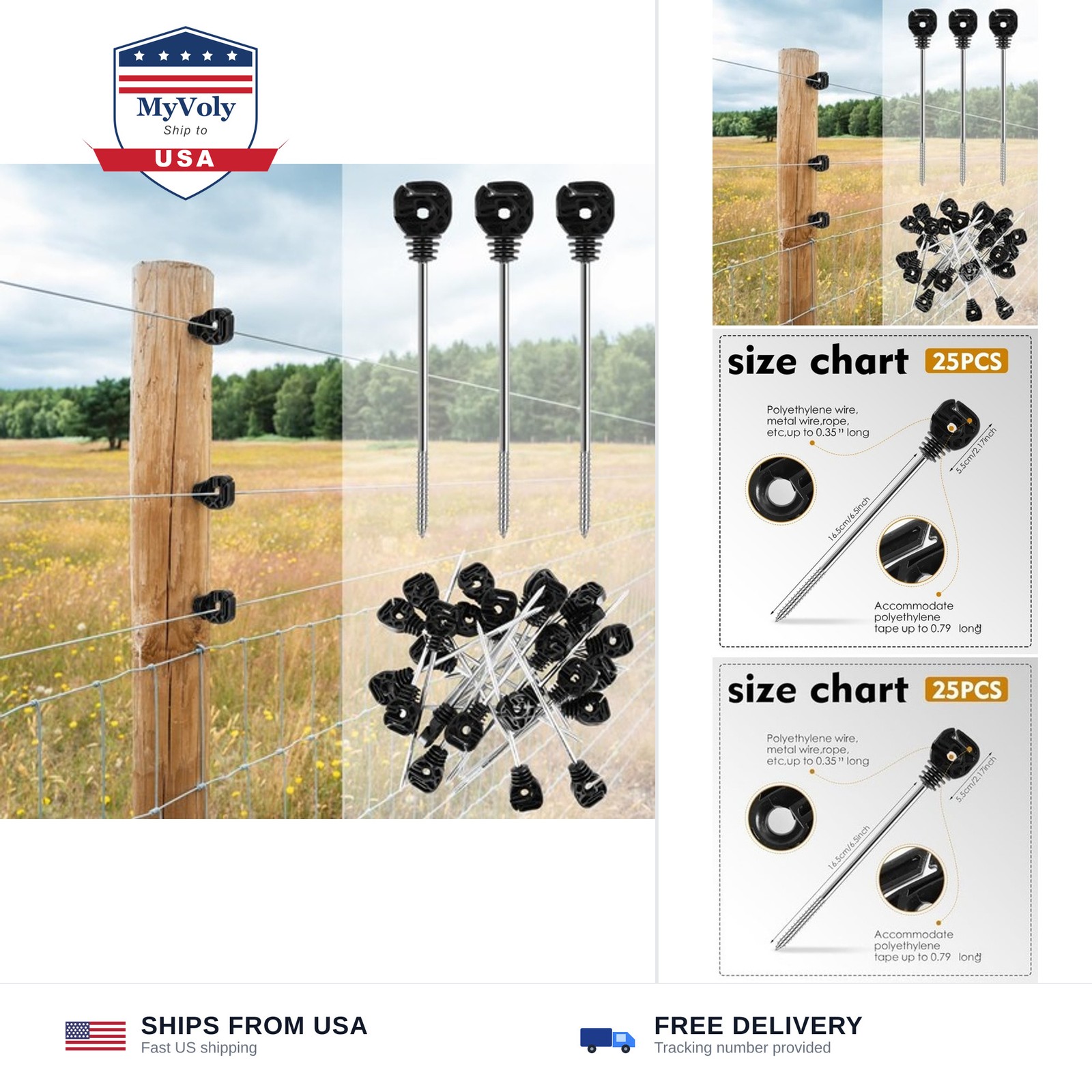 25 Pcs Electric Fence Insulators Fencing Post Screw-in Ring Set 8.9 Inch Long...