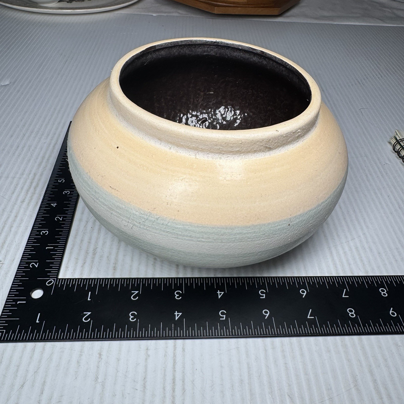 Round ceramic cream and blue and mint green planter￼ Handcrafted pottery￼