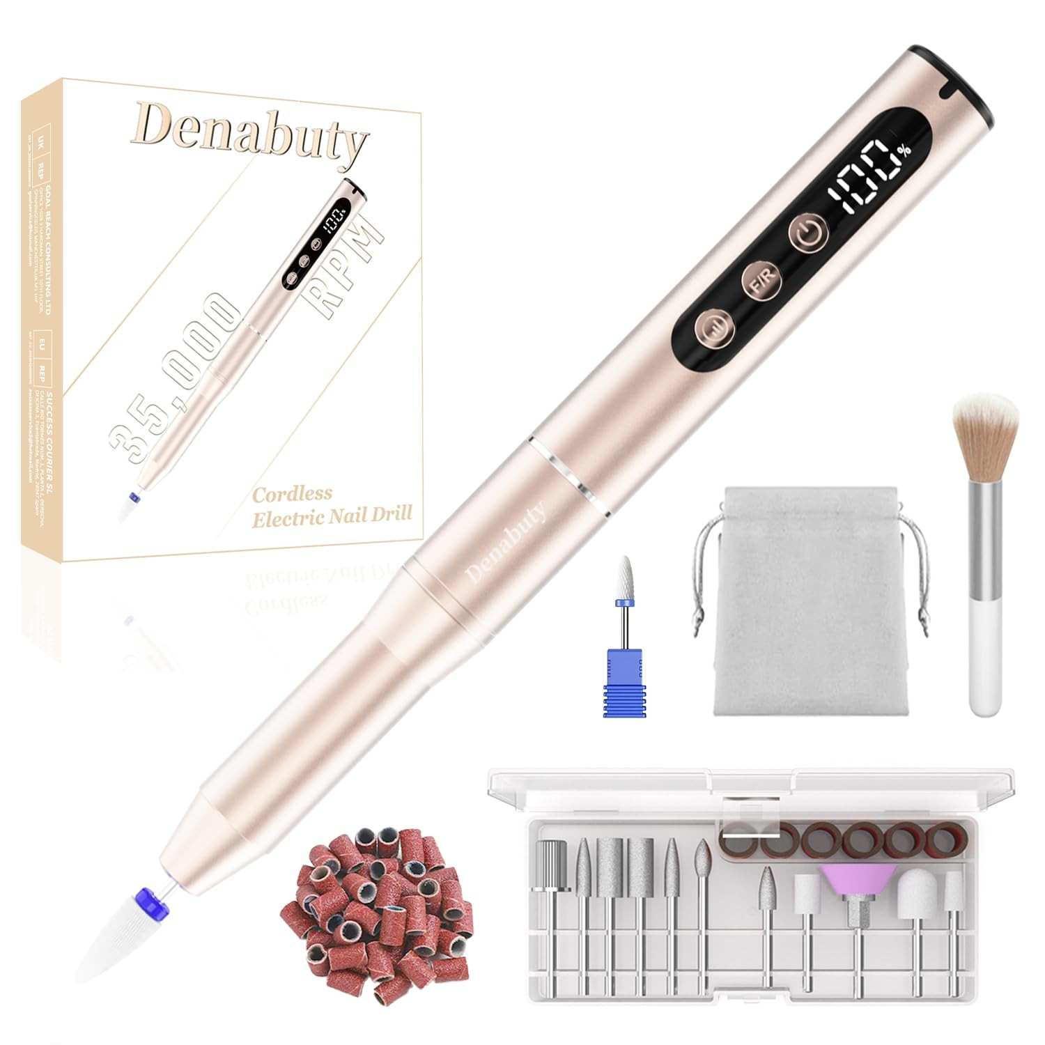 Electric Nail Drill Cordless, 35000RPM Portable Electric Nail File with LCD Disp