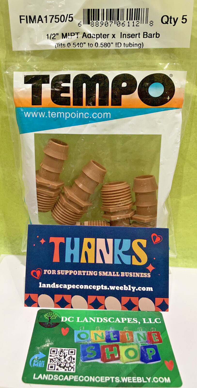 Pack of 5 Tempo FIMA1750 1/2” MIPT Adapter x 17 mm Insert Barb Drip Irrigation
