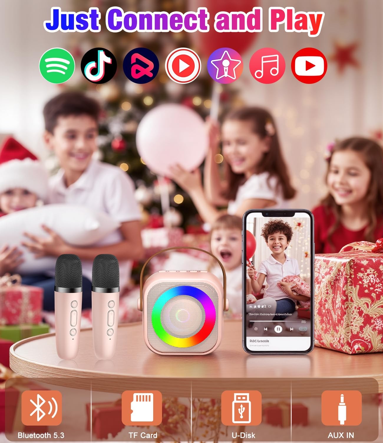 Mini Karaoke Machine, Portable Bluetooth Speaker with 2 Wireless Small, Pink