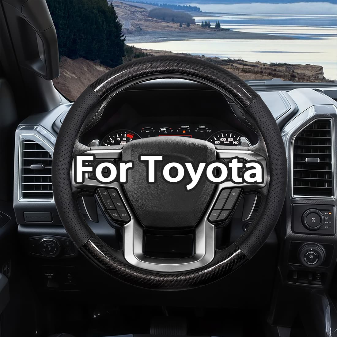 15" (38cm) Steering Wheel Cover Carbon Fiber+Leather for Toyota Nuevo Black