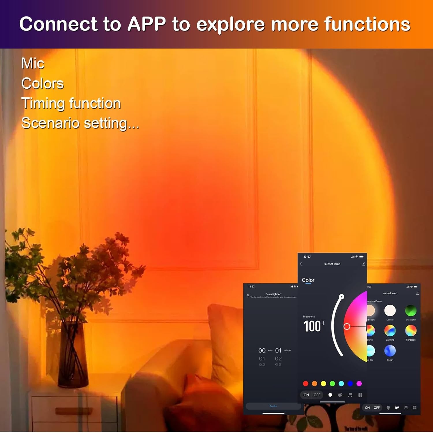 Sunset LED Lamp Projector, 21 Colors Changing App & Remote Control Mood Black