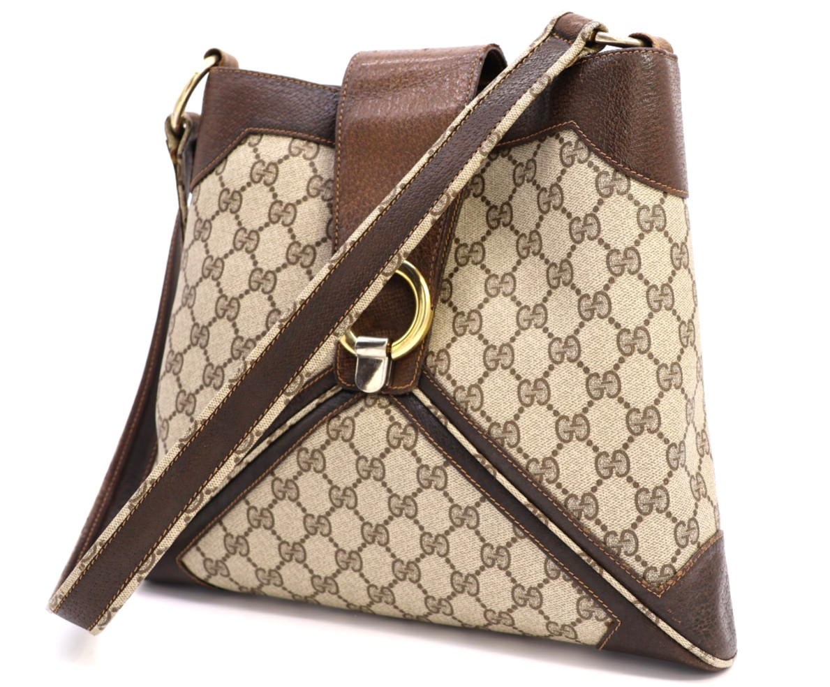 GUCCI VINTAGE GG Supreme Shoulder Bag Buckle Logo Brown Classic Rare Authentic