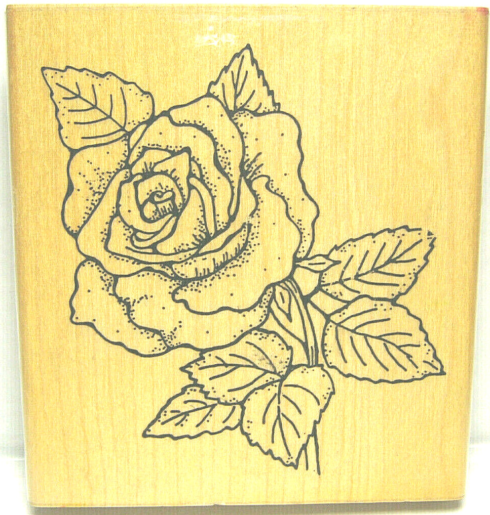 JRL DESIGN - ROSE - 4 1/8" X 4 1/2" WOOD MOUNTED RUBBER INK STAMP FLORAL - NICE