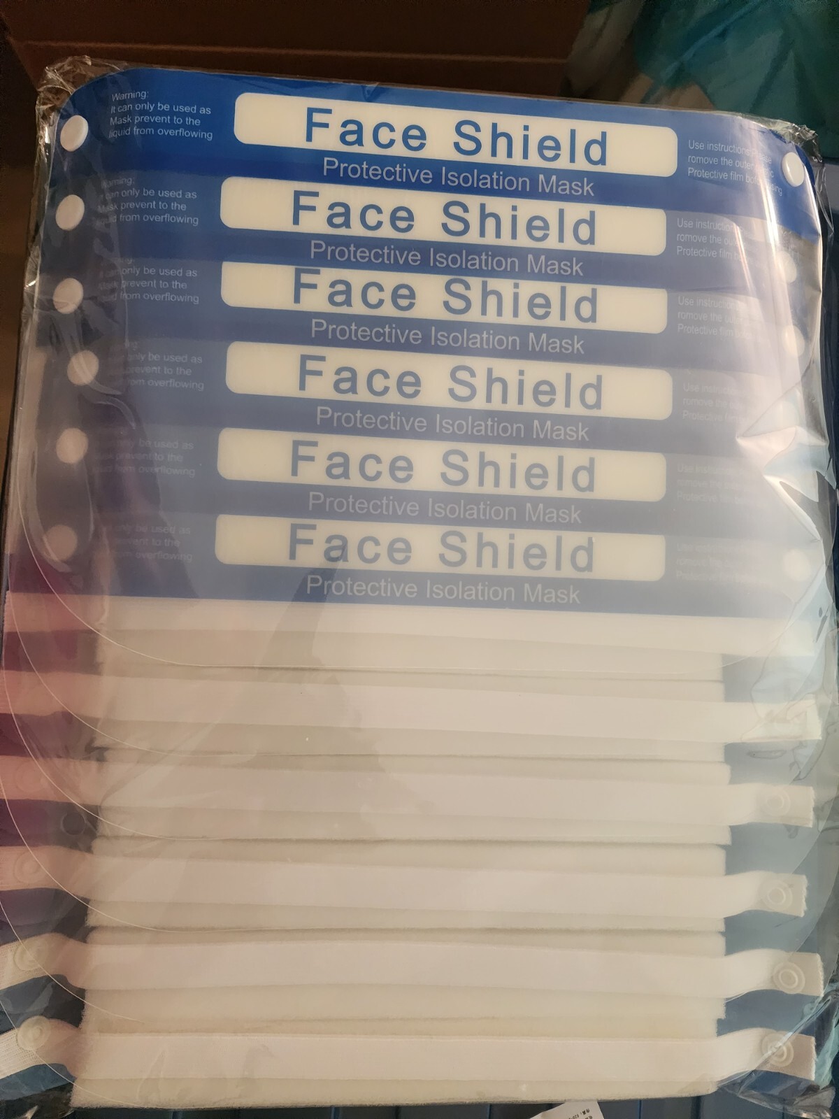 Face Shield Protective Isolation Mask 6 Packages of 10 each.  60 Masks.