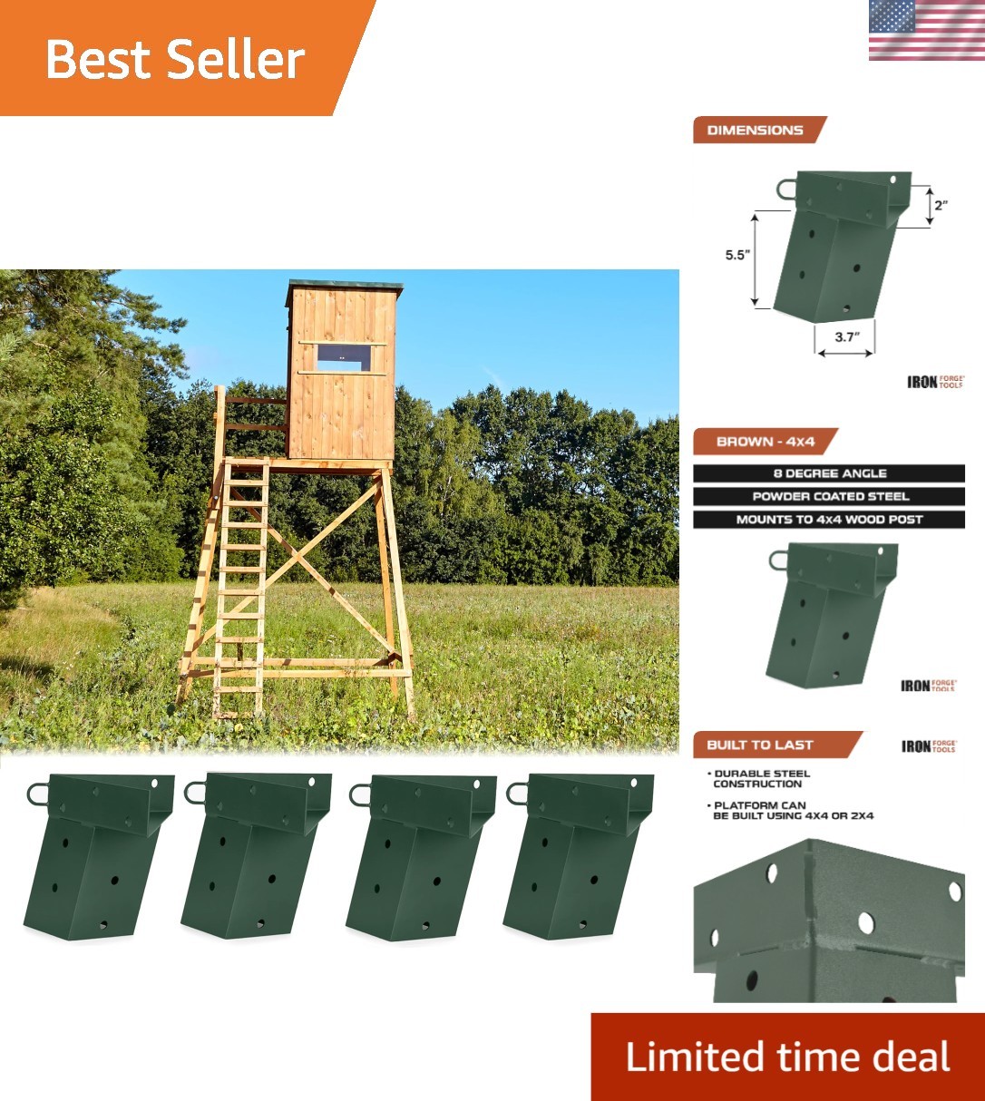 Heavy-Duty 4x4 Powder Coated Steel Deer Stand Brackets - 4 Pack with Accessories