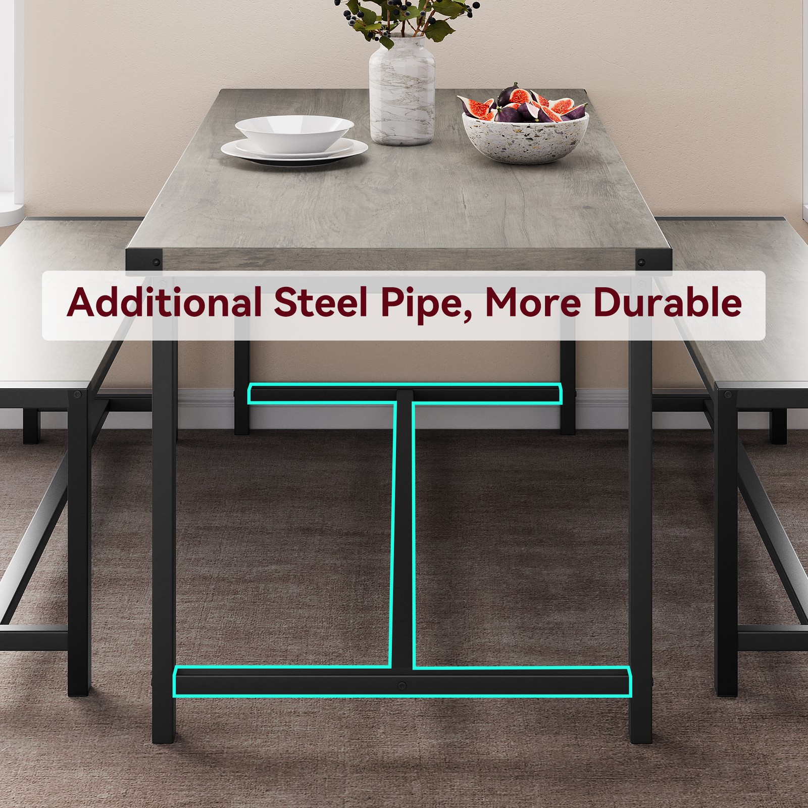Dining Table Set for 4, Rectangular Kitchen Table with 2 Metal Wood Benches