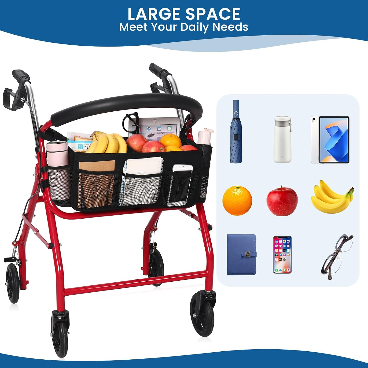 Upgraded Rollator Basket, Large Walker Accessories Bag with Multiple Pockets, Ro