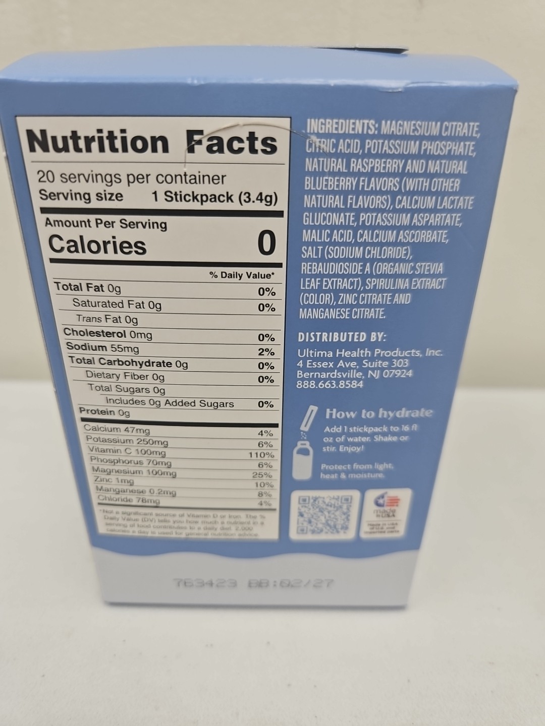 2/27 Ultima Replenisher Hydrating Electrolyte Blue Raspberry 20 Count Box (A7)