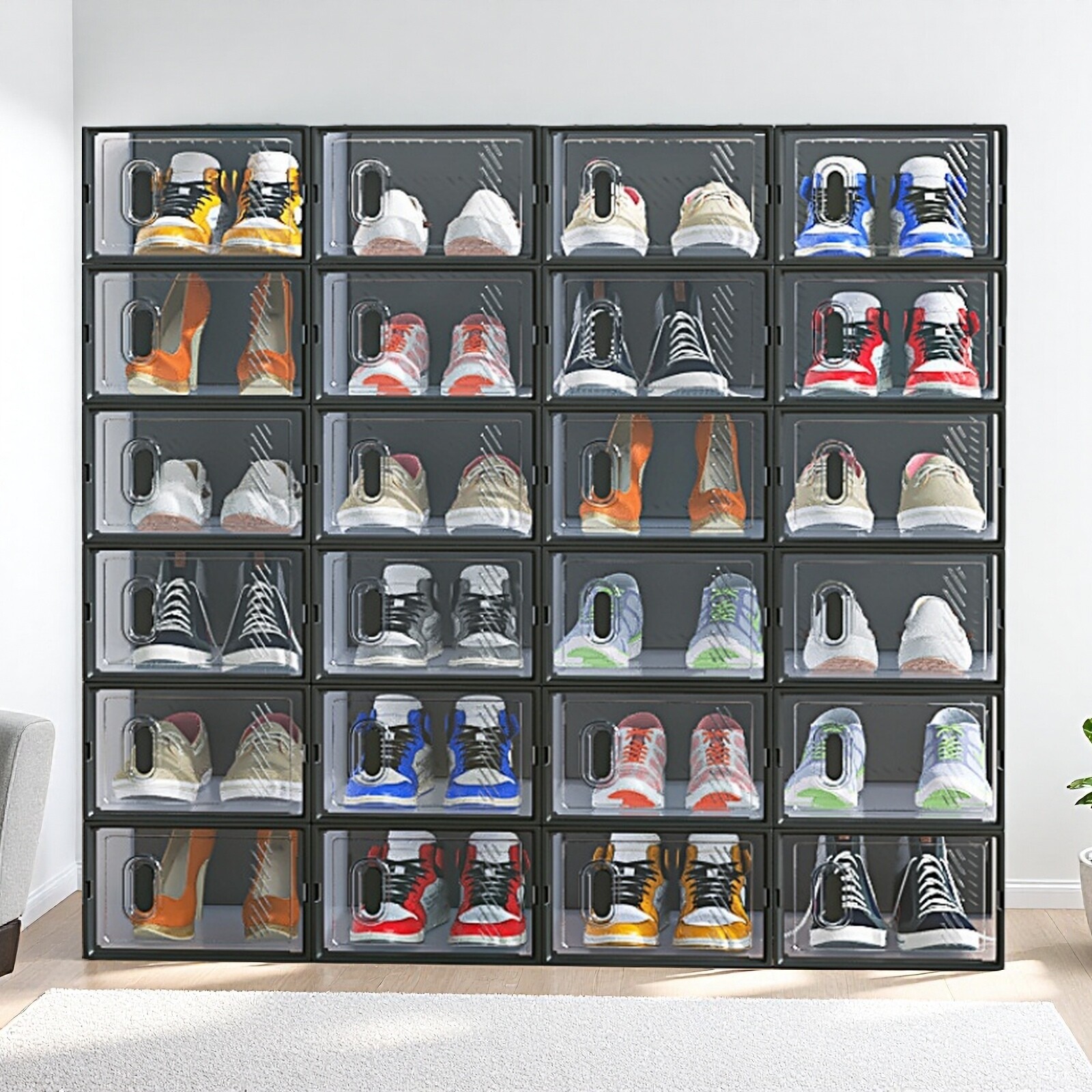 24-Pack Shoe Storage Boxes - Stackable, Door, Plastic Mesh, Black & Small Size