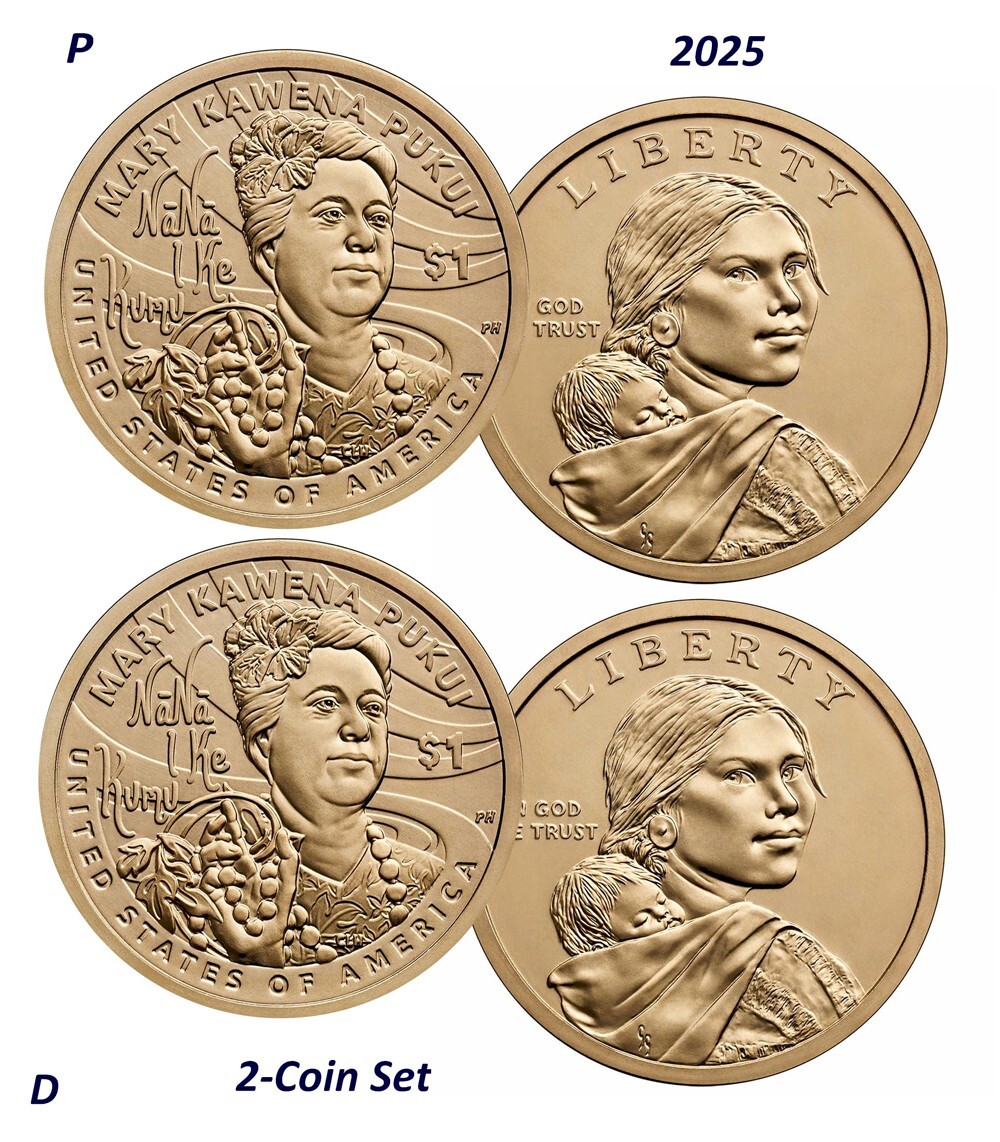 2025-P & D  Sacagawea $1 Native American Golden Dollar Mary Pukui 2-Coin Set