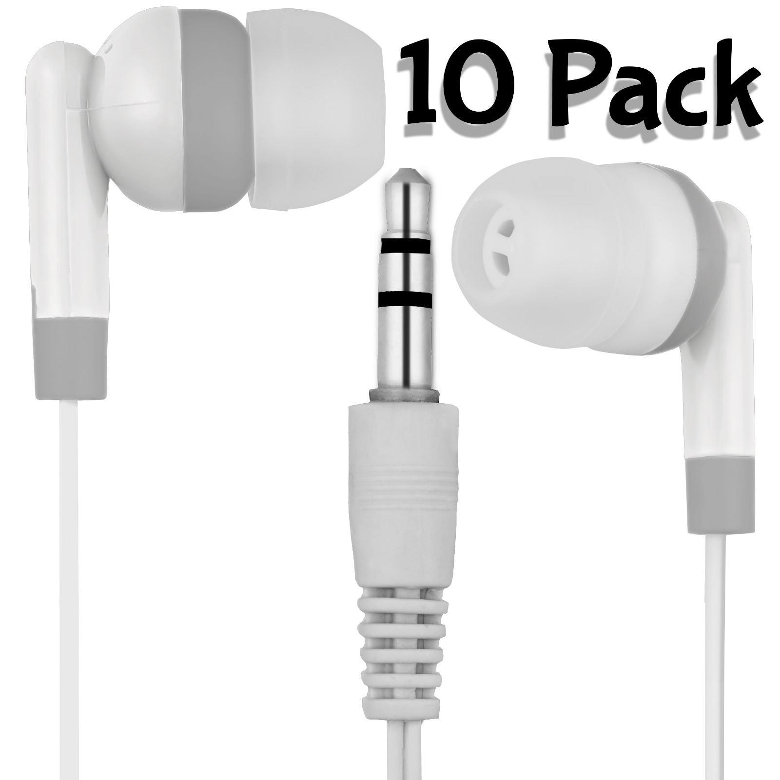 Pack of 10 WHITE/GRAY 3.5mm Headphones / Earbuds / GREAT for Kids / Schools