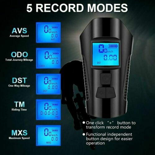 USB Rechargeable LED Cycle Bike Headlight + Rear Light Horn Speedometer Odometer