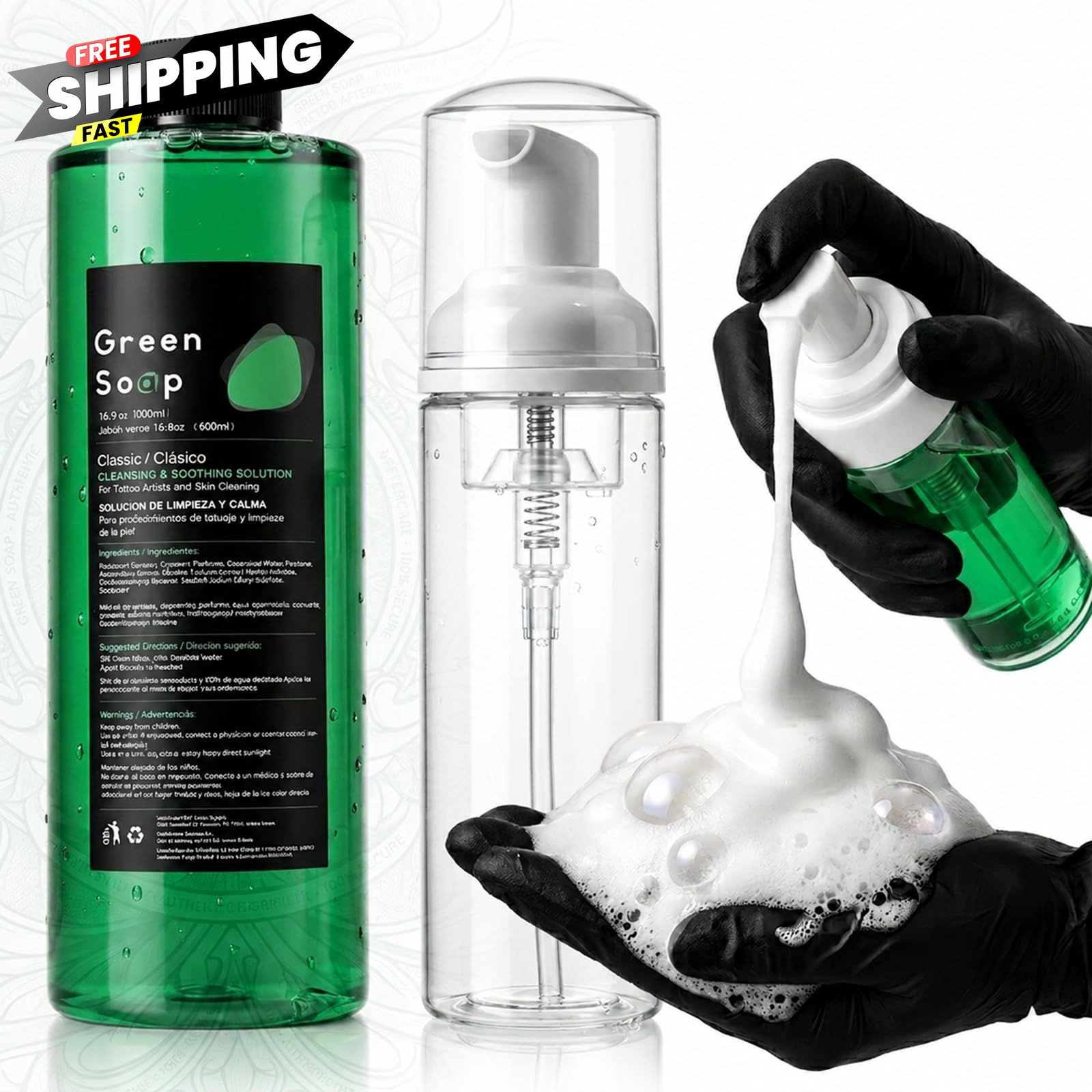Rayyl Green Soap Tattoo 16.9OZ Ultra Concentrated & 7OZ Foam Multicolor