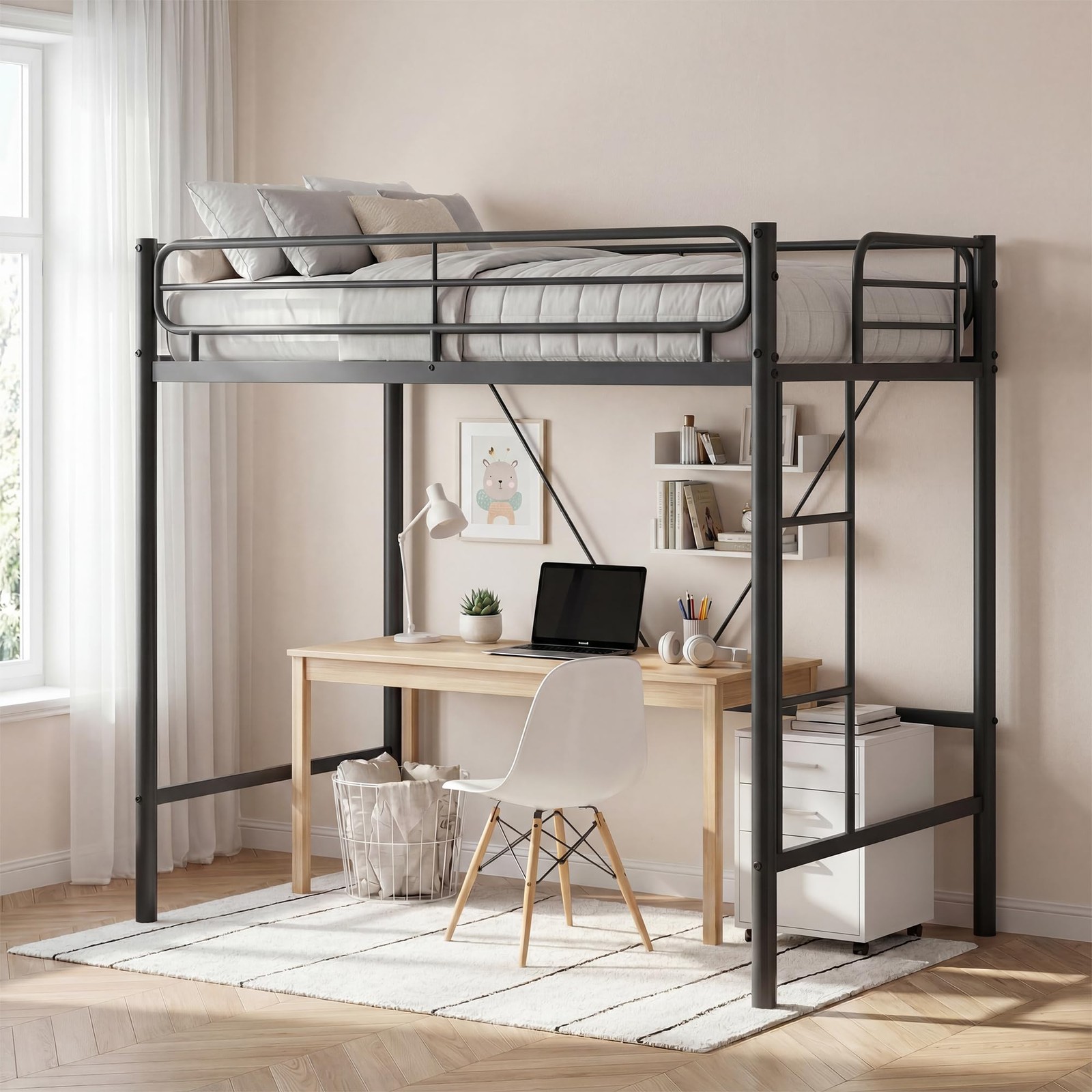 Twin Size Metal Loft Bed, Heavy Duty Metal Sturdy Steel with 11.7" Guardrail NEW