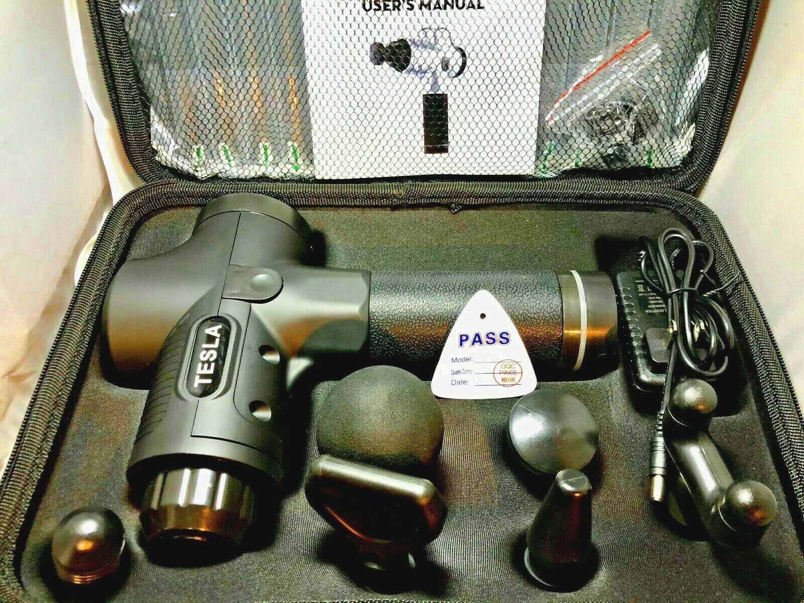 TESLA PRO MASSAGE GUN 25.V 6 HOUR LI ION BAT BRUSHLESS MOTOR 30 SPD LCD 6 HEADS