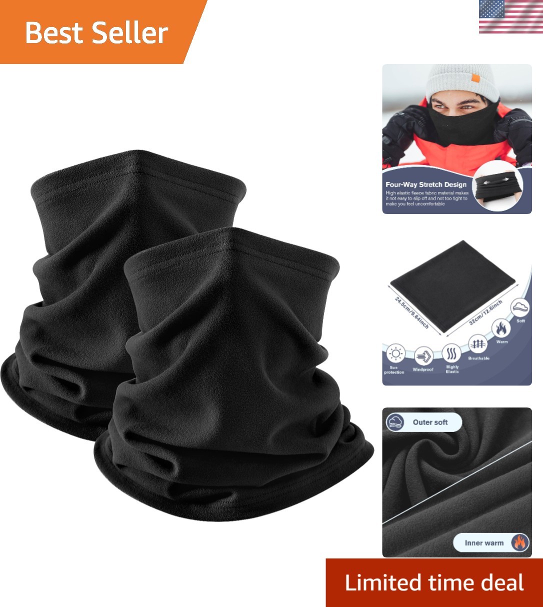 Two-Pack Black Neck Gaiters - Soft Fleece Masks for Winter Sports & Gifts
