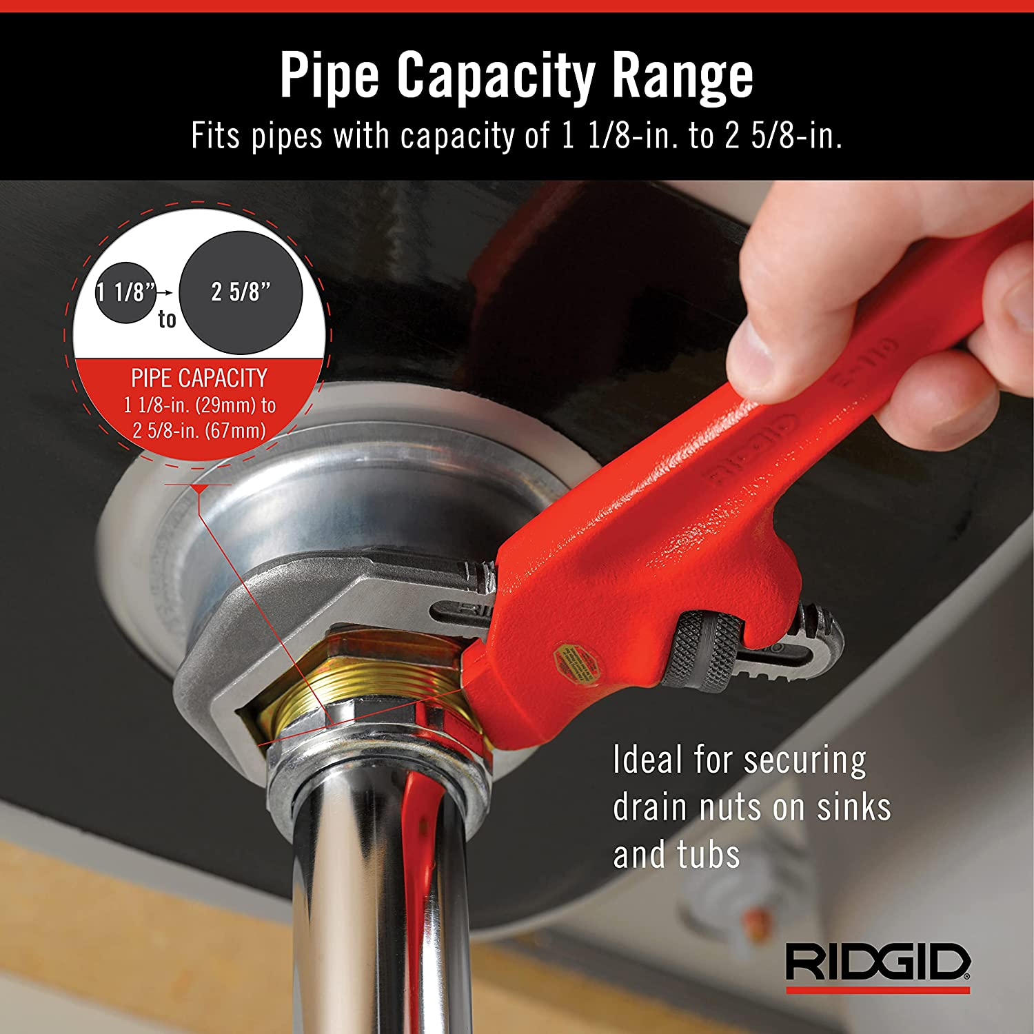RIDGID 31305 Model E-110, 9.5" Offset Hex Jaw Pipe Wrench, Red, Made in the USA