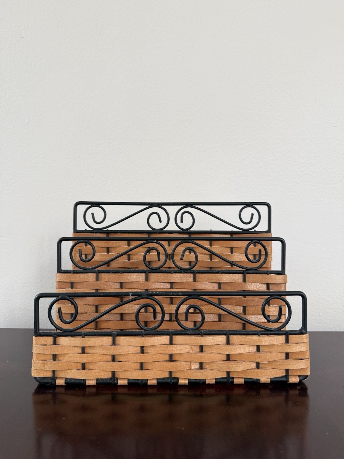 Brown  Basket-Weave Wood and Black Scrolled Metal Mail Organizer  Unbranded