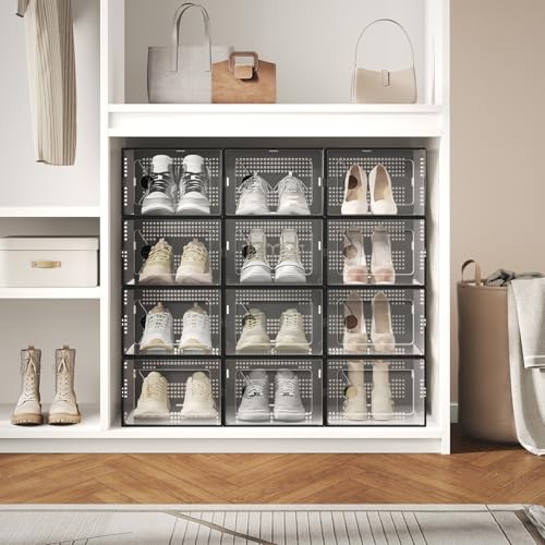 DUMOS Shoe Storage Boxes, 12-Pack Stackable Clear 12 PCS & Fit Size 9, Black