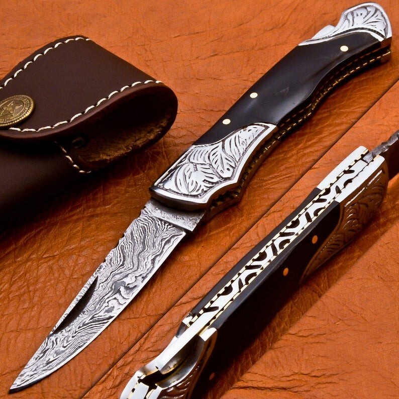 Damascus Back Lock Folding Pocket knife camping Hunting Knife with Pouch 845
