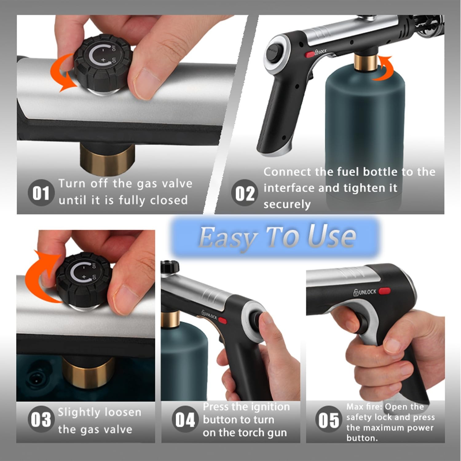 Propane Torch with One-Touch Max Fire, Safety Lock Adjustable, Cooking Blow T...