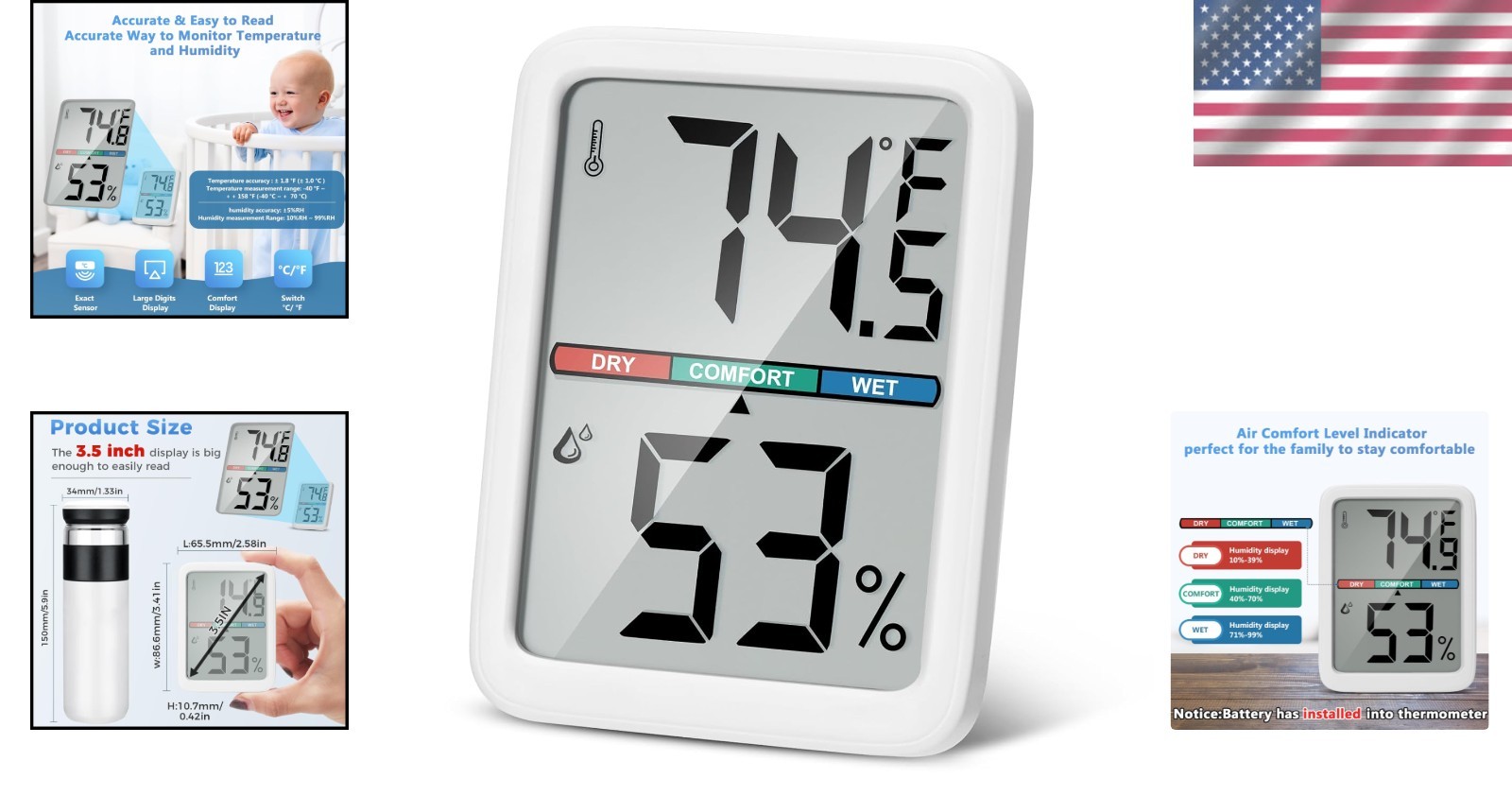 Precision Digital Thermometer & Hygrometer with Large LCD & Multiple Mounting...