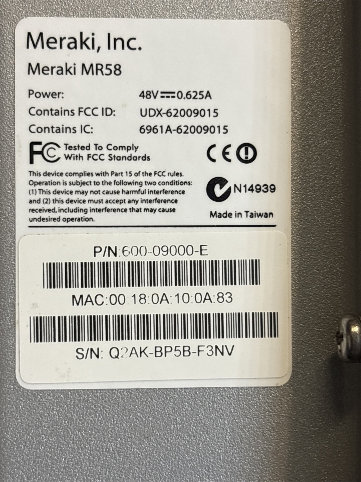 Cisco Meraki MR58 P/N 600-09000-E wireless access point Untested W/instructions