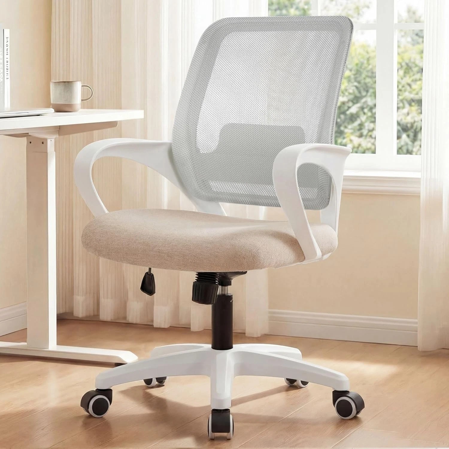 Adjustable Height Rolling Office Chair with Lumbar Support - Comfy Beige Design