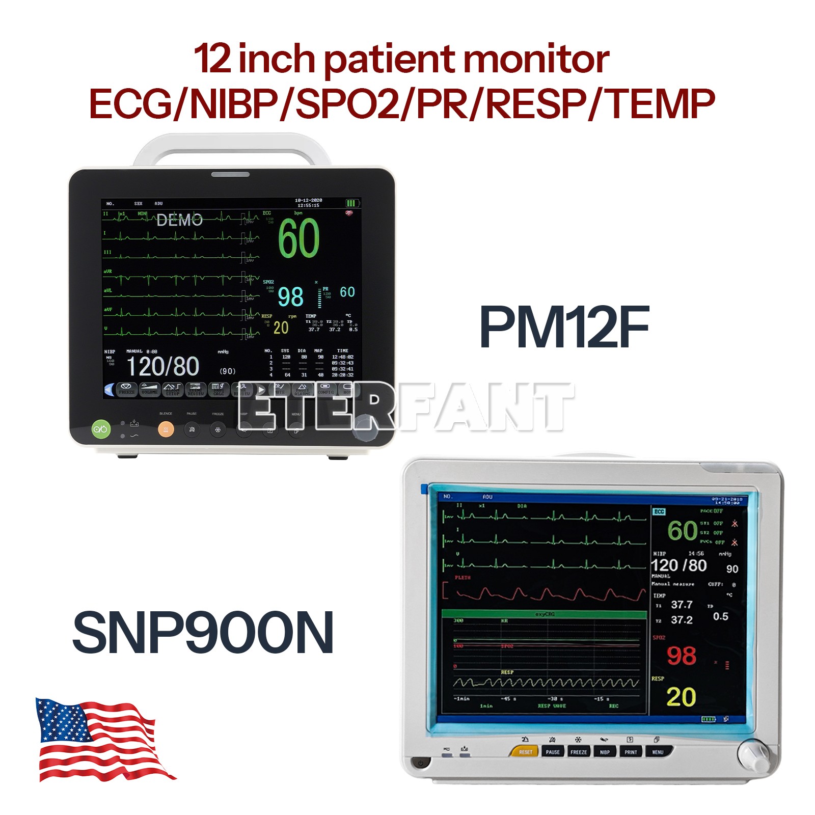 12" Patient Monitor ICU CCU Vital Sign For Hospital ECG NIBP RESP TEMP SPO2 PR