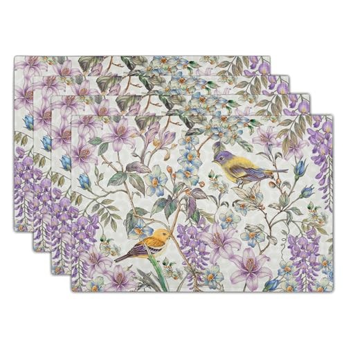 Spring Summer Placemats 12×18 Inches Set of 4 Purple Floral Cute Bird Indoor
