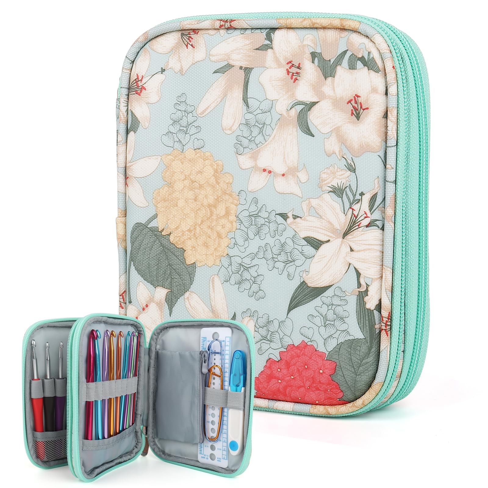 Crochet Hook Case Empty Zipper Bags Organizer Web Pocket Light Blue Storage