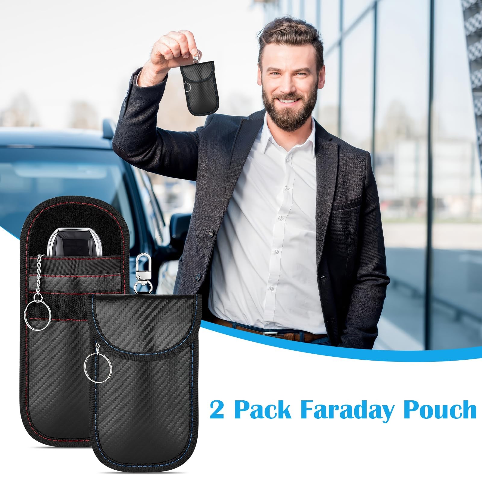 Hoiny 2 Pack Faraday Key Fob Protector, Premium Car RFID Small, Red+Blue