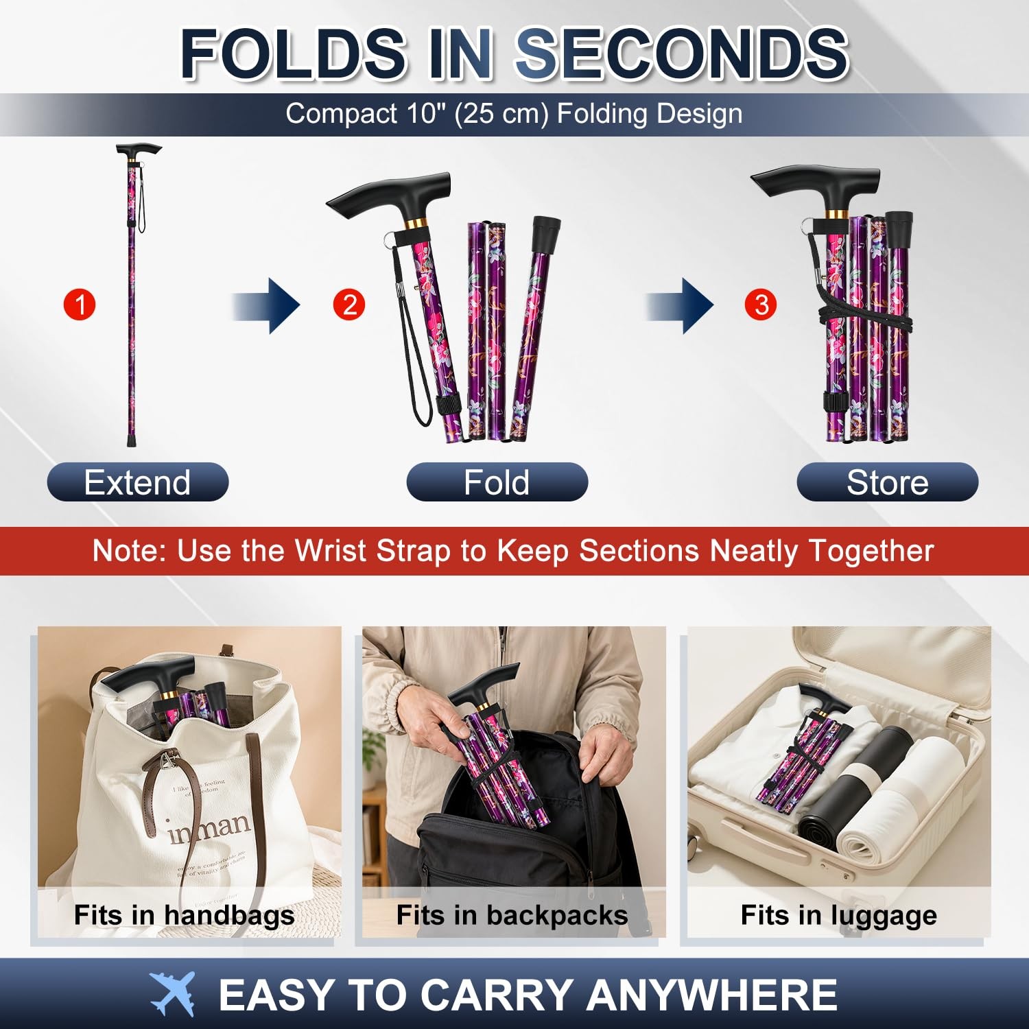 supregear Folding Cane, 5-Level Adjustable Height Walking 10", Purple Floral