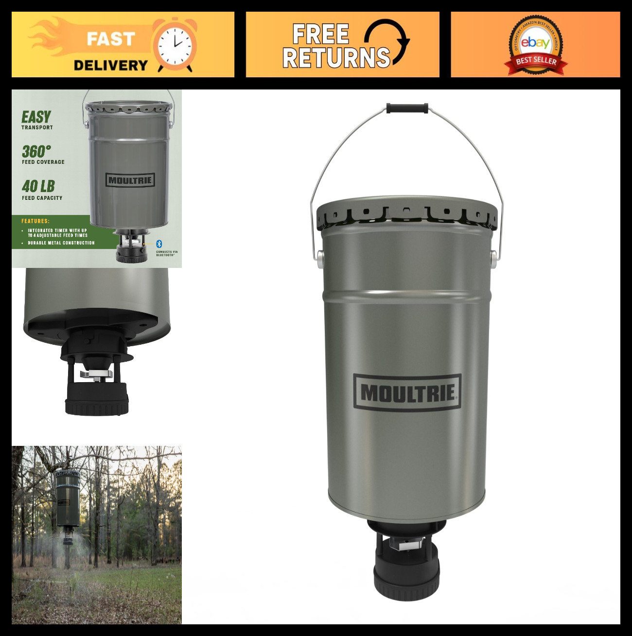 All-in-One Bluetooth Deer Feeder - 40 Lb Capacity, Metal Hopper, Locking Lid, Ad