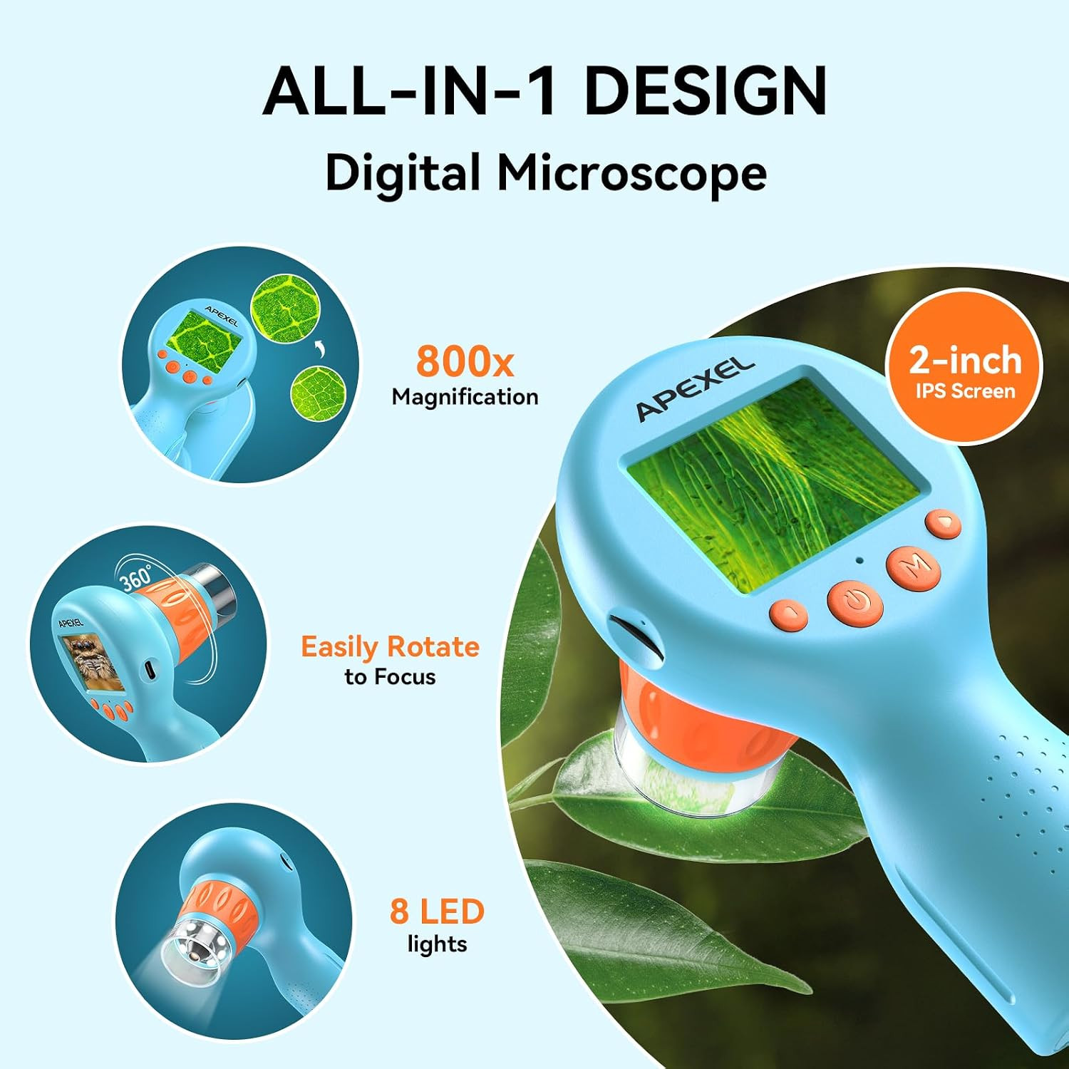 800X Handheld Digital Microscope with 2” IPS Screen, Photo & Video Portable M...