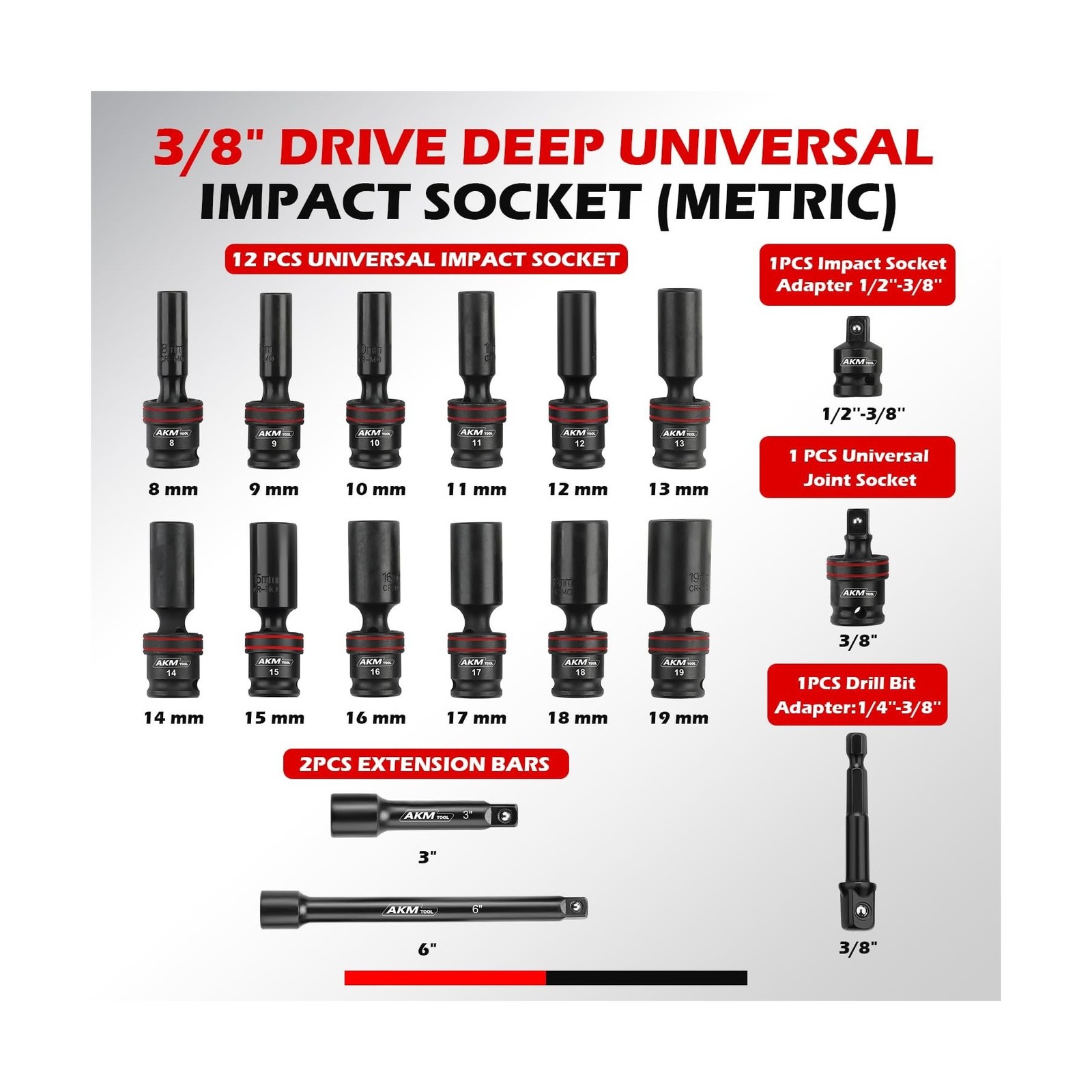3/8" Drive Universal Impact Socket Set, 17 Piece Swivel Socket ... FAST USA SHIP