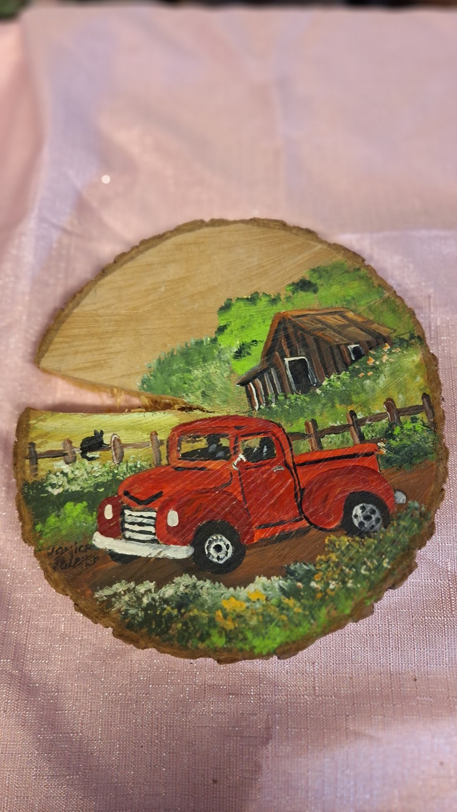 wood carving, hand made, Tractor & barn.