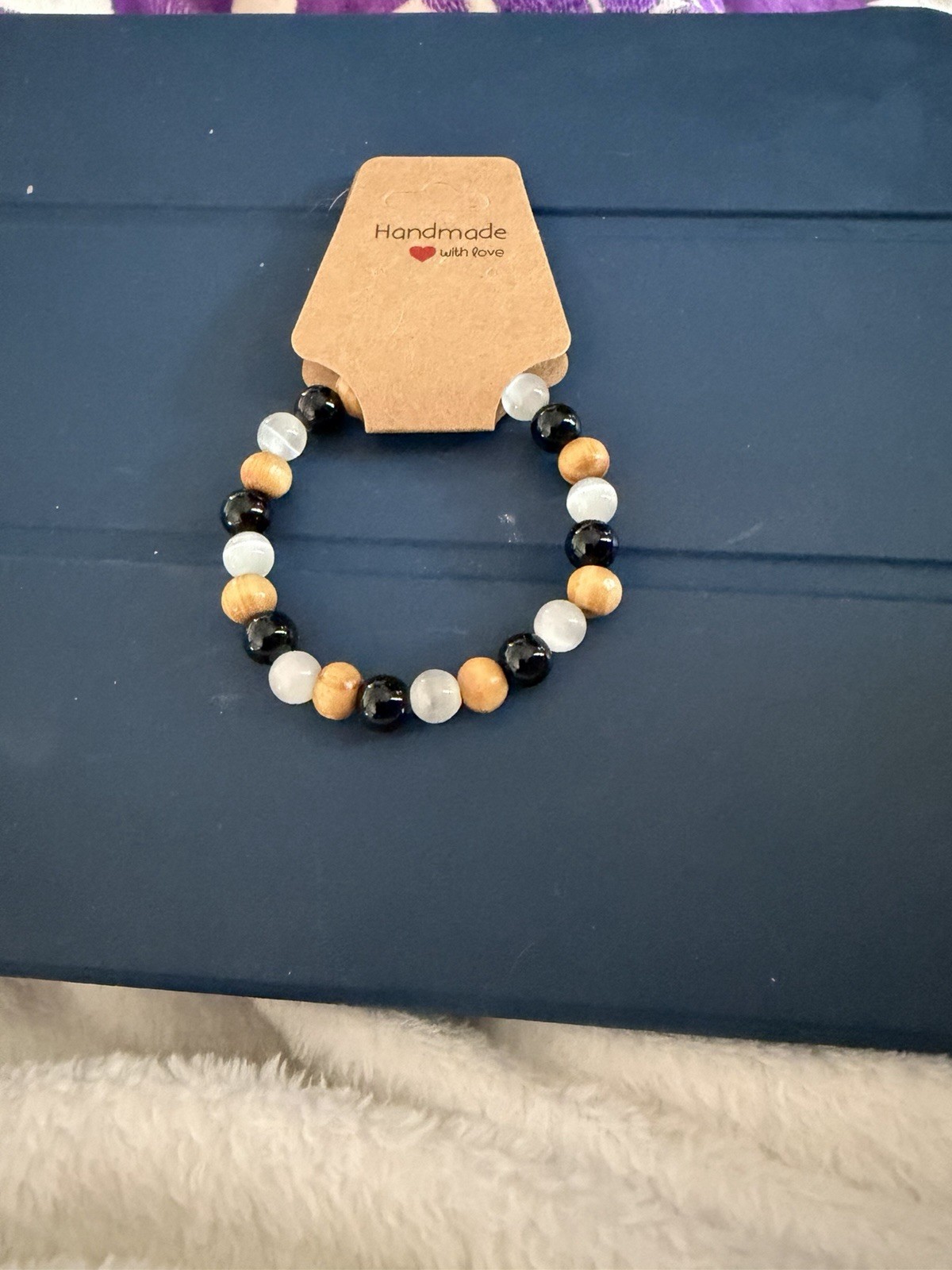 Beaded Bracelet Wood Stone Black White Brown Round Handmade