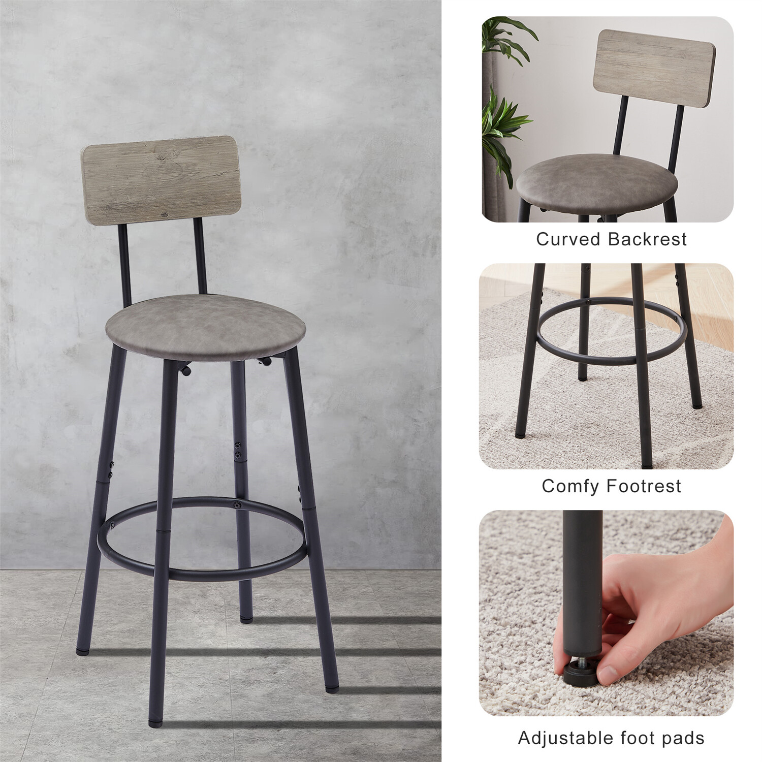 3 Piece Bar Table Set Counter Height Kitchen Pub Table w/ 2 Bar Stool Grey