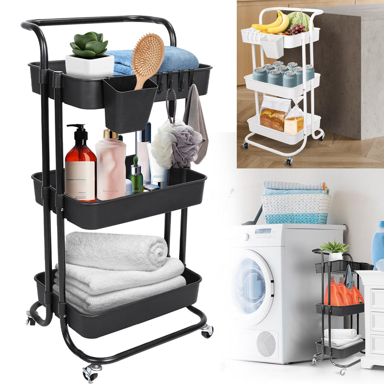 3 Tier Rolling Utility Cart Movable Storage Organizer w/ Baskets Lockable Wheels