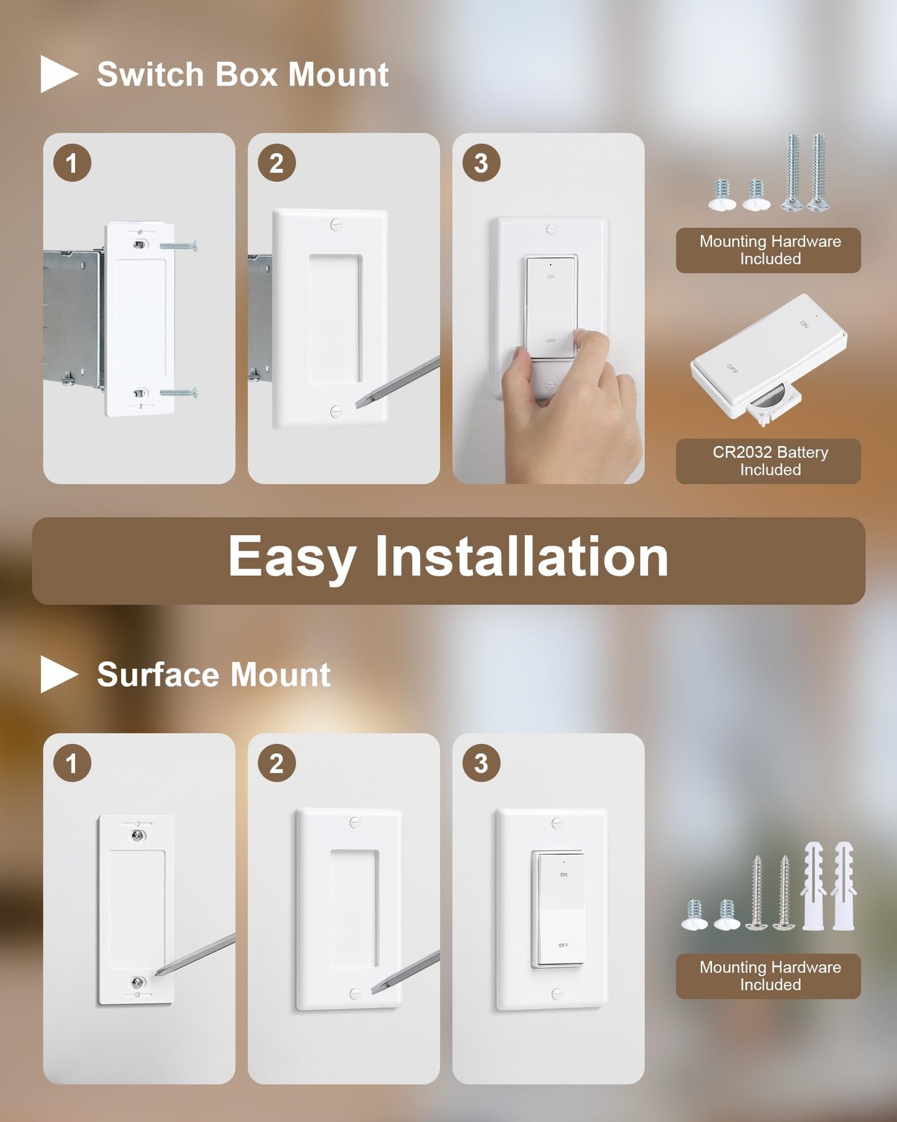 Wireless Light Switch and Receiver Kit, Decorator Rocker Wall Switch, 15A Hig...